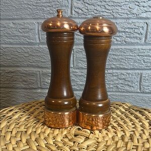 Vintage Mid Century Verity Southall Wood and Copper Salt and Pepper Shakers